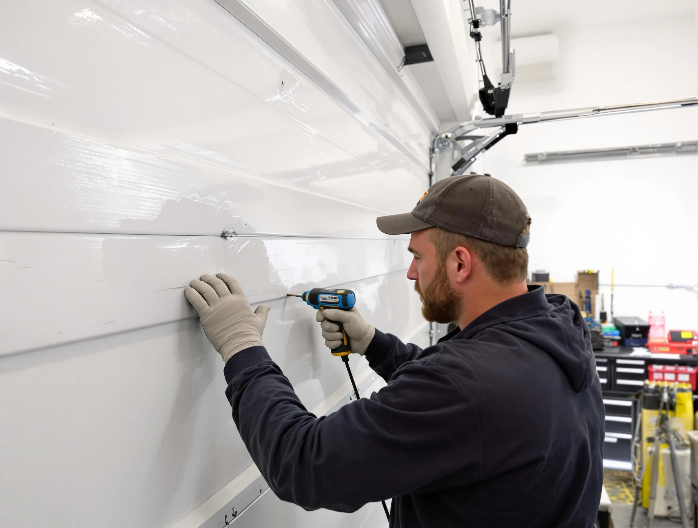 Sun City Garage Door Repair technician demonstrating precision dent removal techniques on a Sun City garage door