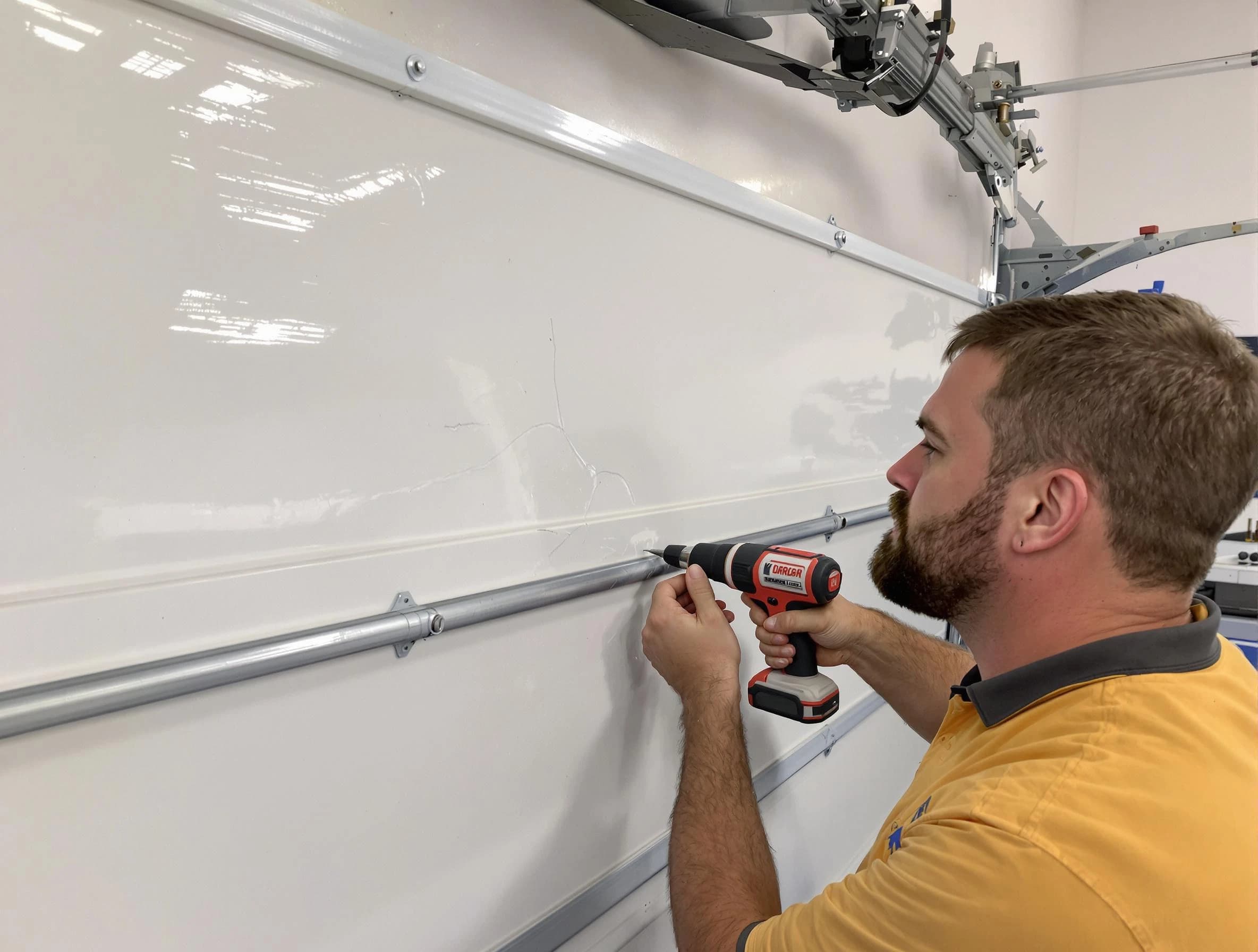 Sun City Garage Door Repair expert performing dent repair on garage door in Sun City